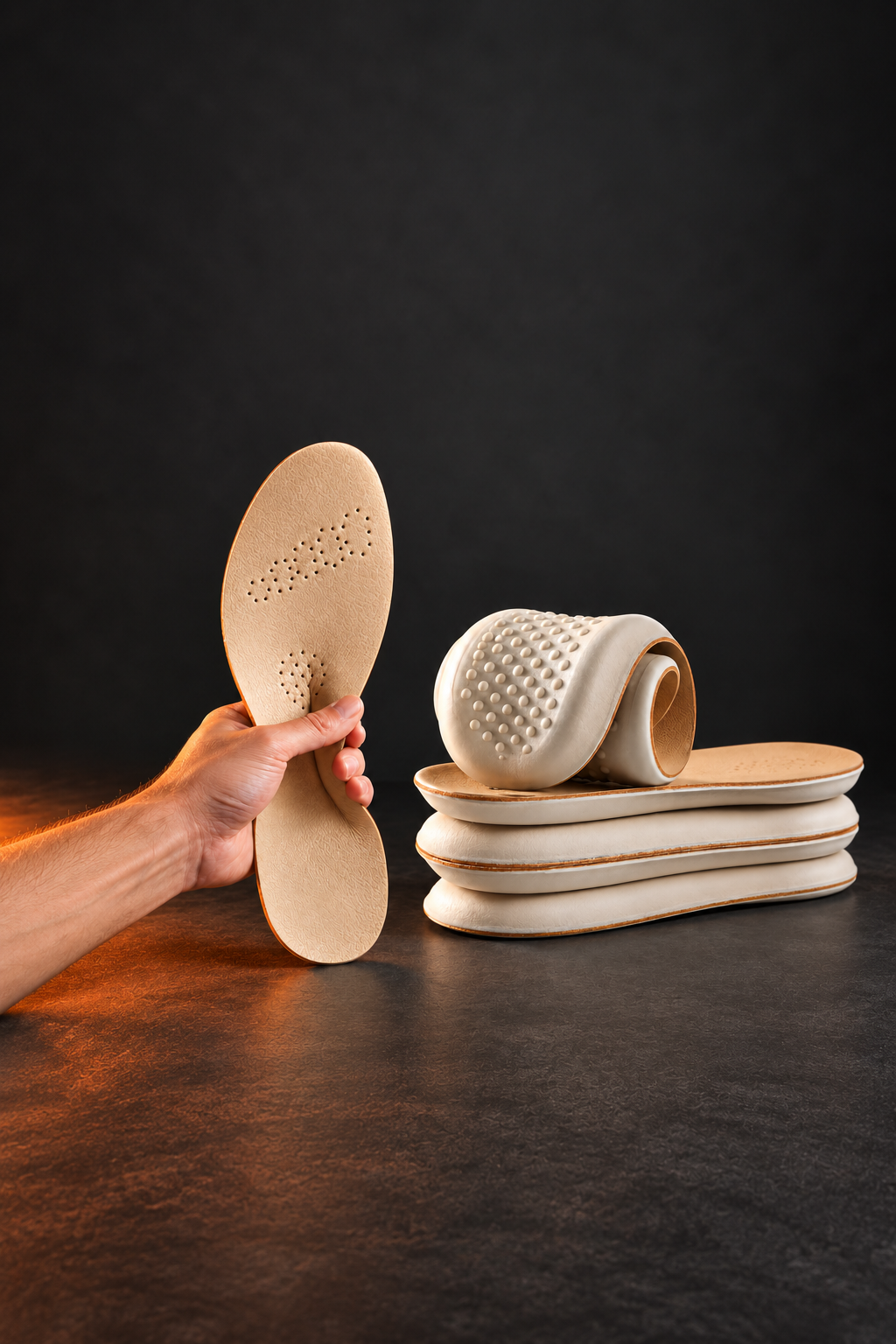 A hand holding a VECTOR Hybrid Comfort Shoe Insert beside a stack of inserts