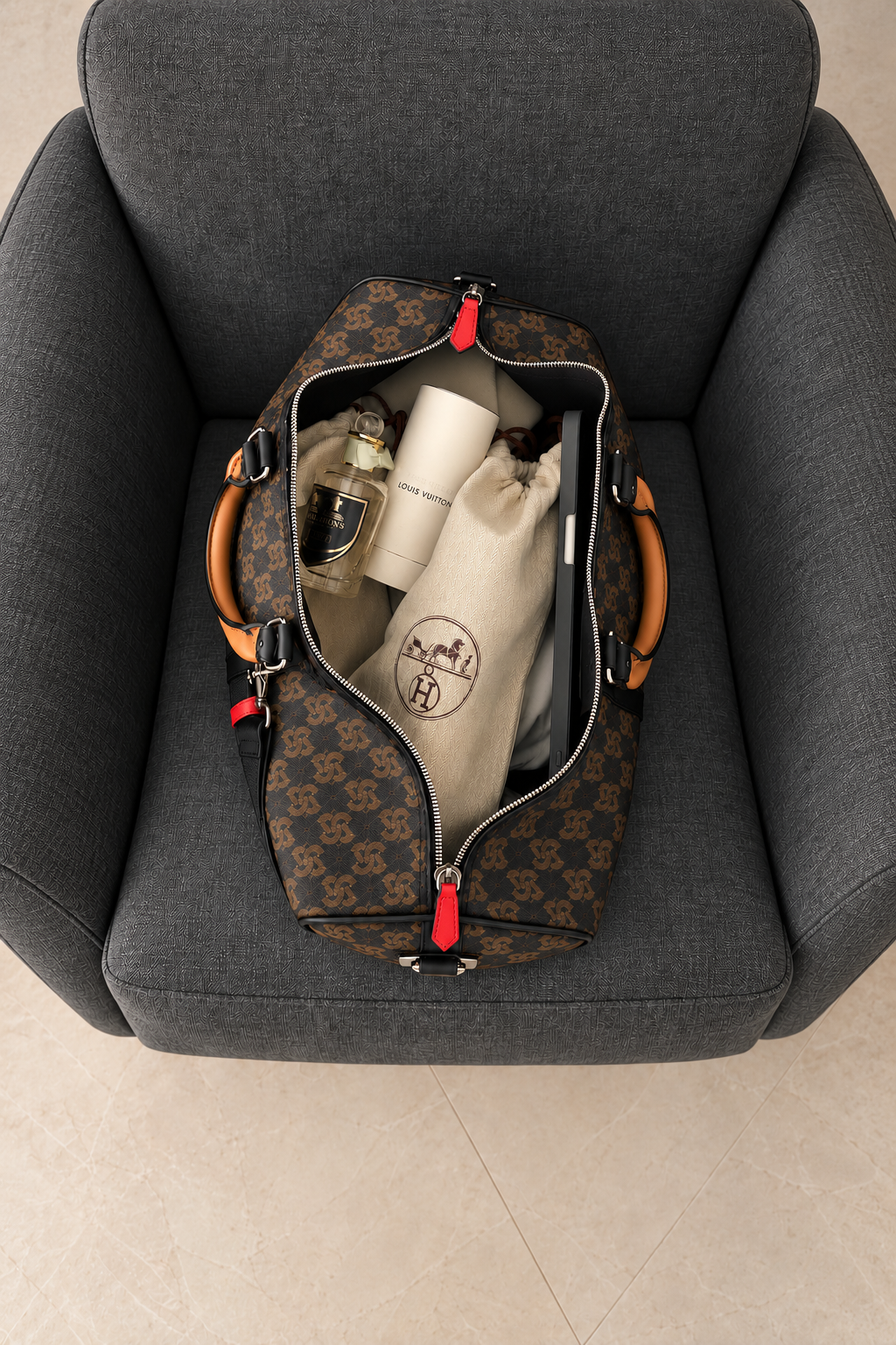 Open Bismarck bag packed with essentials on a charcoal chair