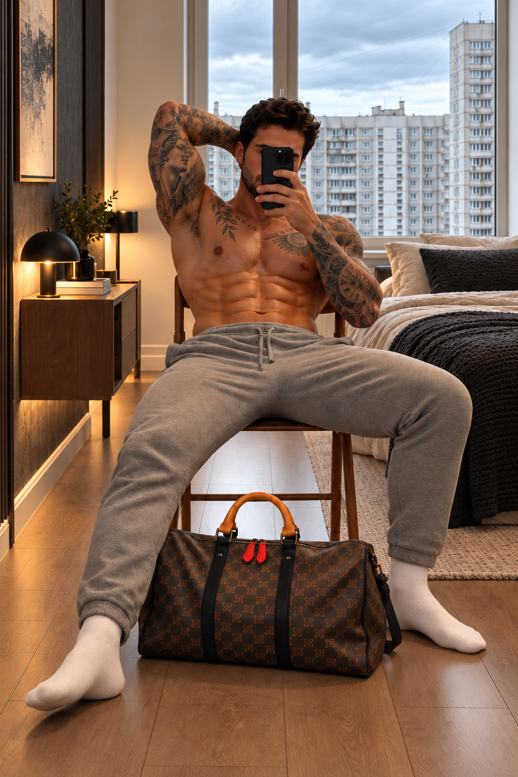 Bismarck bag at the wearer’s feet in a mirror portrait