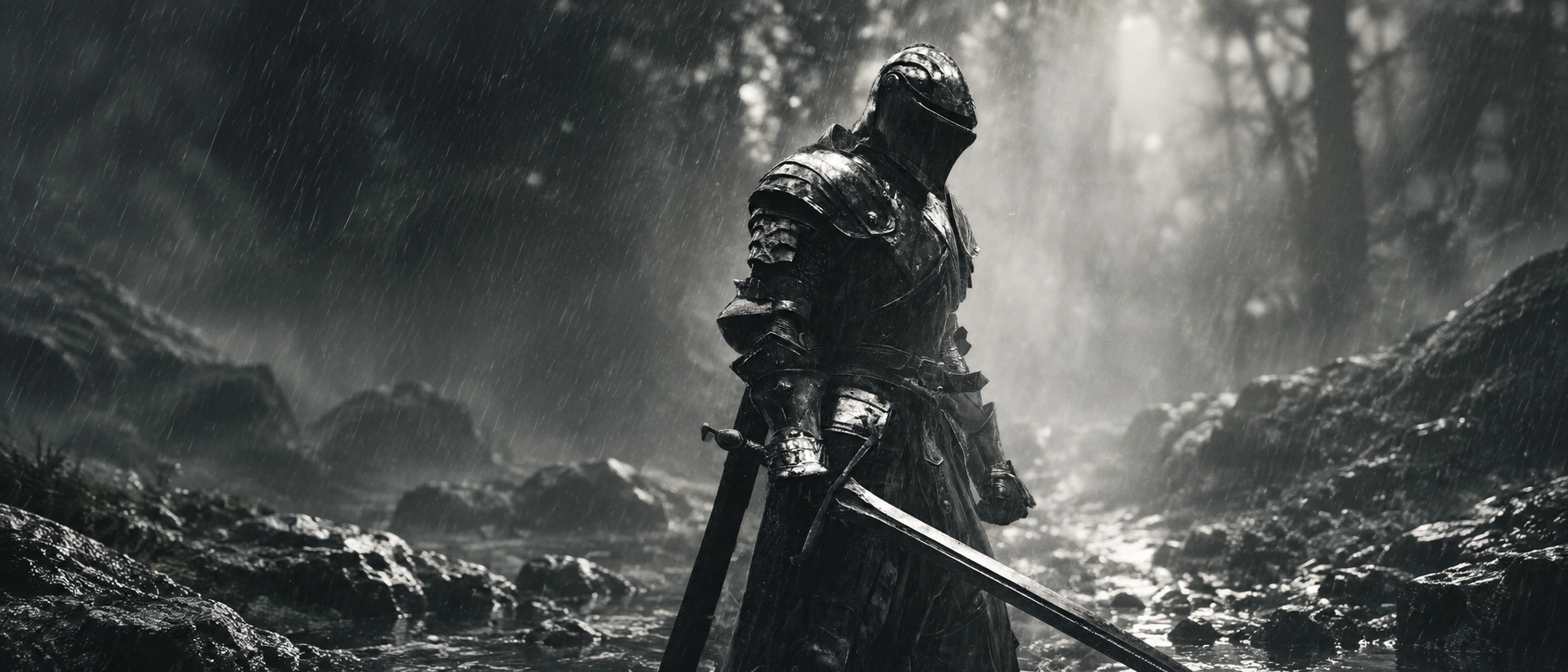 A knight in dark silver armour holds a sword among wet rocks in a rain-soaked forest.