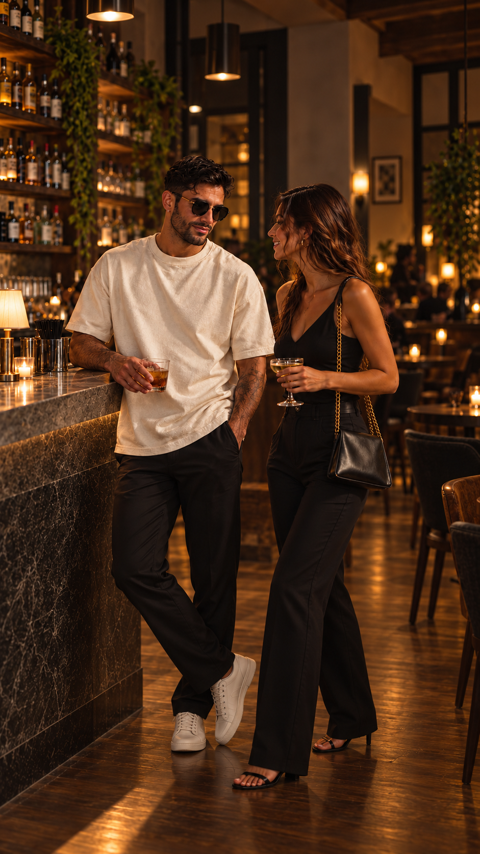 Model wearing the Light Apricot RONIN Heavyweight T-Shirt at a bar