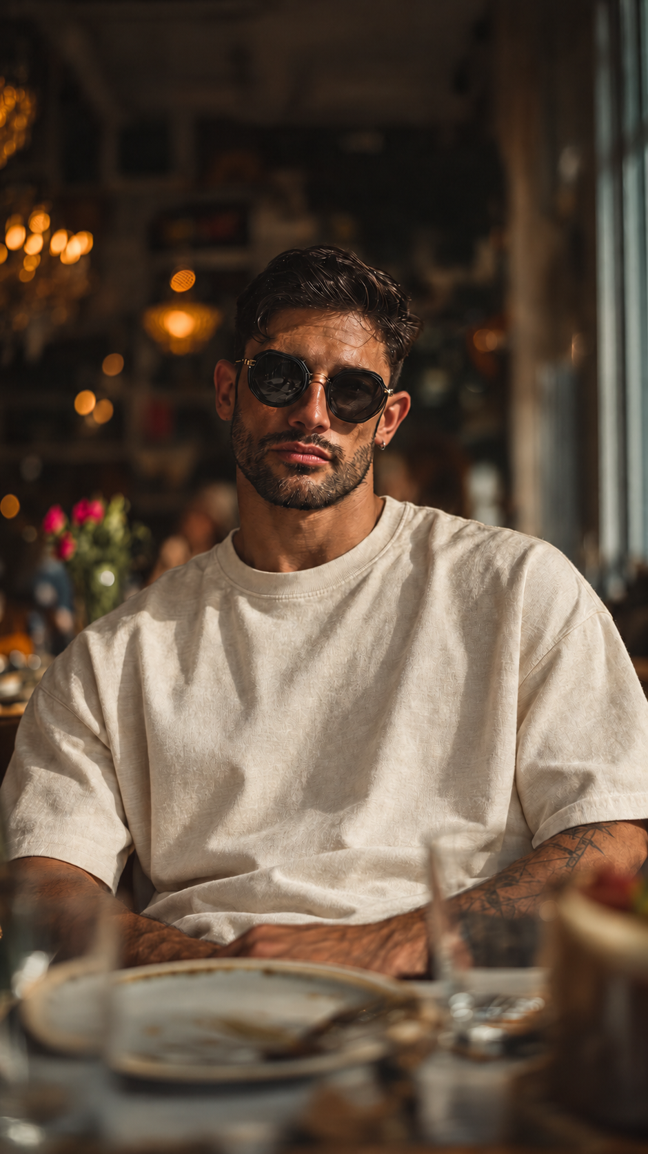 Model wearing the Light Apricot RONIN Heavyweight T-Shirt seated at a café