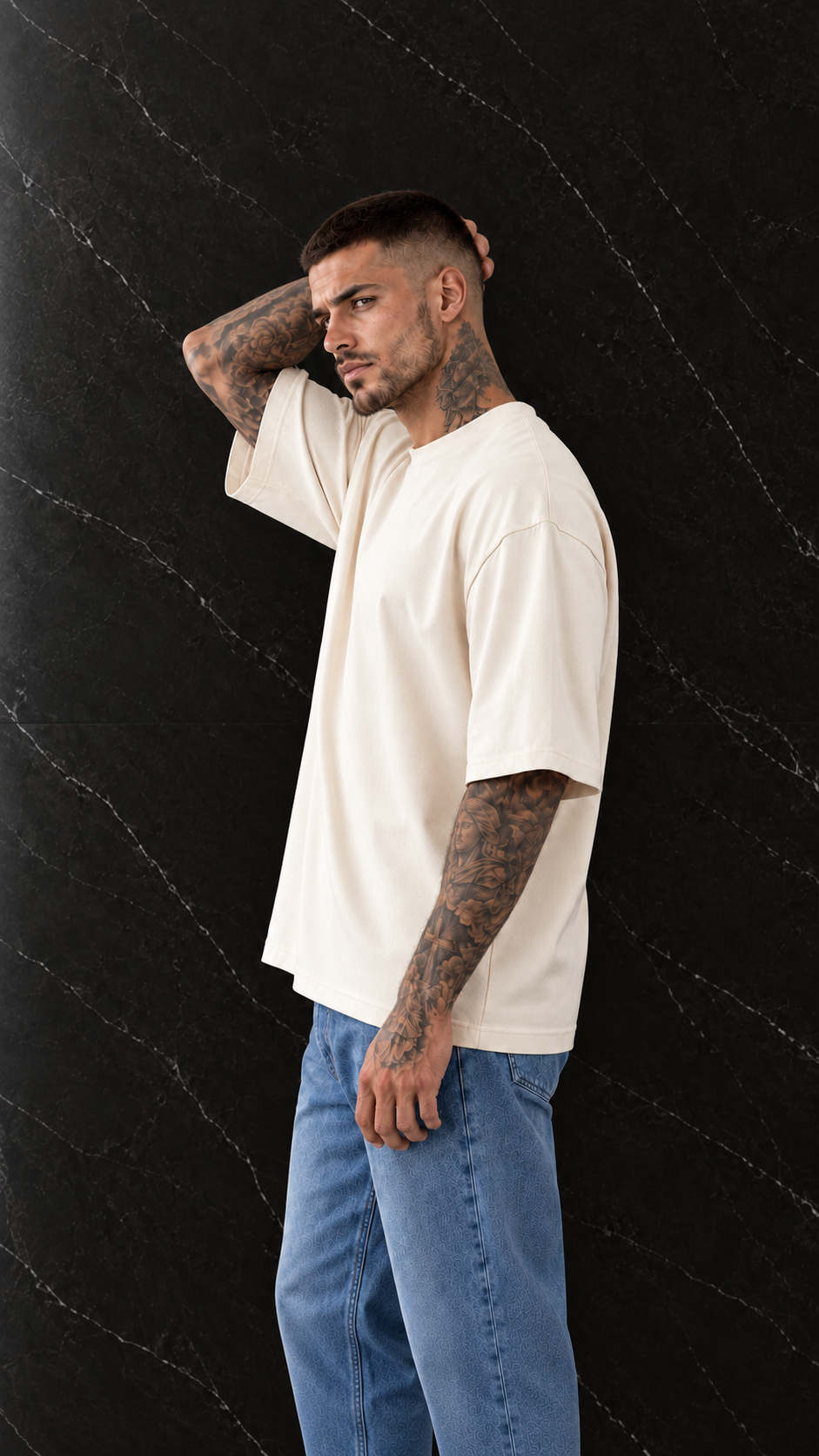 Light Apricot RONIN Heavyweight T-Shirt, side studio view